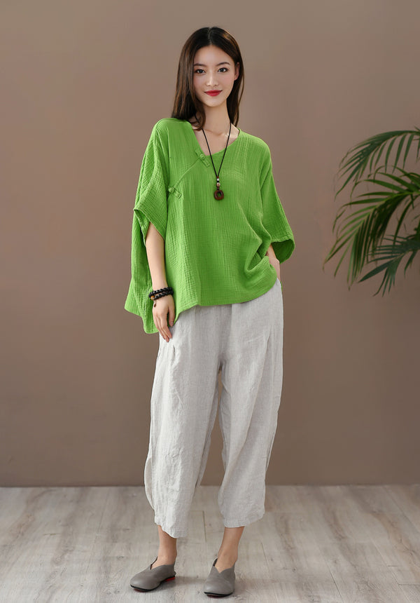 Women Retro Zen Style Right Buckle Loose Linen and Cotton V-Neck T-shirt