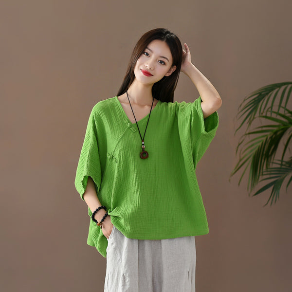 Women Retro Zen Style Right Buckle Loose Linen and Cotton V-Neck T-shirt