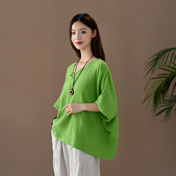 Women Retro Zen Style Right Buckle Loose Linen and Cotton V-Neck T-shirt