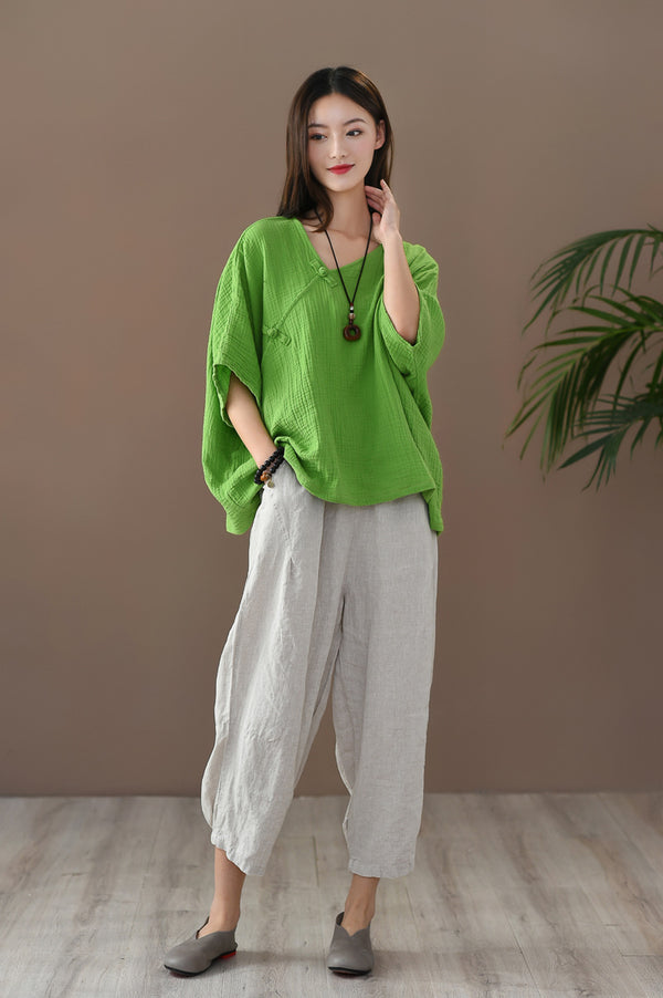 Women Retro Zen Style Right Buckle Loose Linen and Cotton V-Neck T-shirt