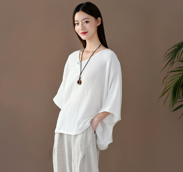 Women Retro Zen Style Right Buckle Loose Linen and Cotton V-Neck T-shirt