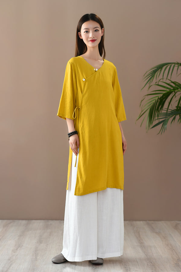 Women Retro Zen Style Right Buckle Linen and Cotton Tunic