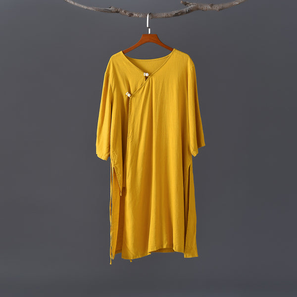 Women Retro Zen Style Right Buckle Linen and Cotton Tunic