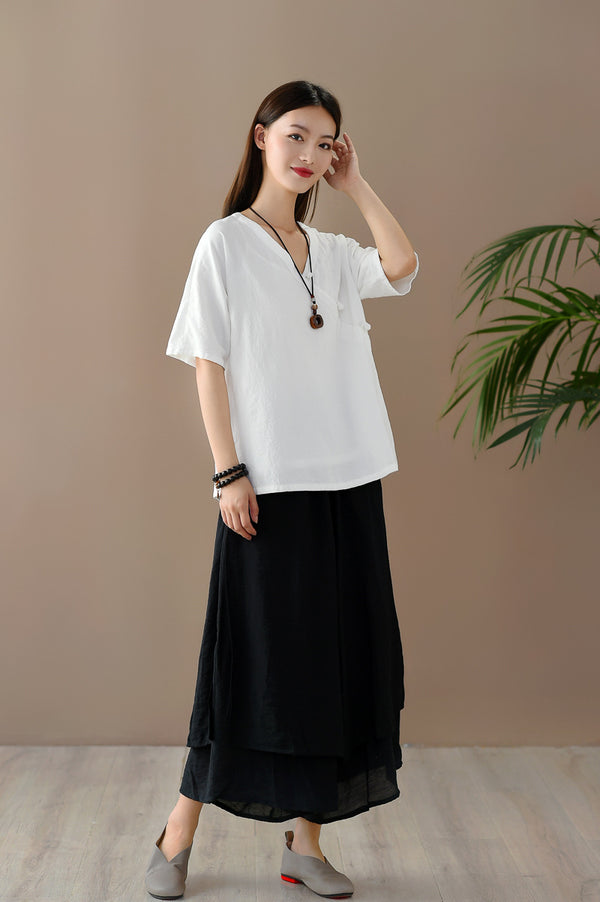 Women Retro Zen Style Left Buckle Loose Linen and Cotton V-Neck T-shirt