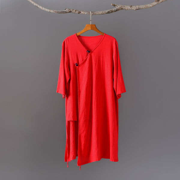 Women Retro Zen Style Right Buckle Linen and Cotton Tunic