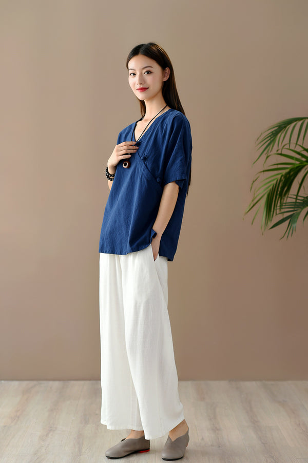 Women Retro Zen Style Left Buckle Loose Linen and Cotton V-Neck T-shirt