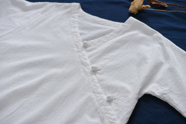Women Retro Zen Style Left Buckle Loose Linen and Cotton V-Neck T-shirt