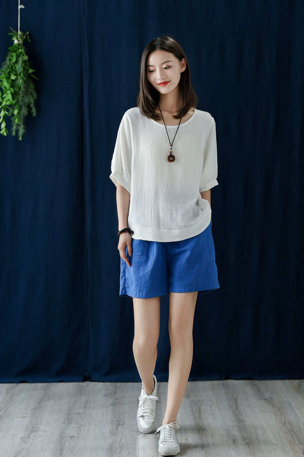 Women Casual Loose Style Wrinkled Linen and Cotton Round Necked T-shirt