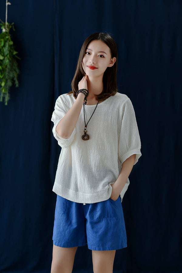 Women Casual Loose Style Wrinkled Linen and Cotton Round Necked T-shirt