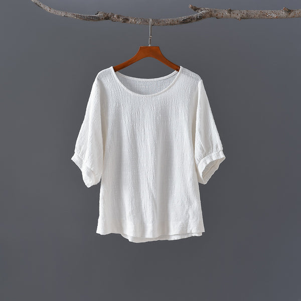 Women Casual Loose Style Wrinkled Linen and Cotton Round Necked T-shirt