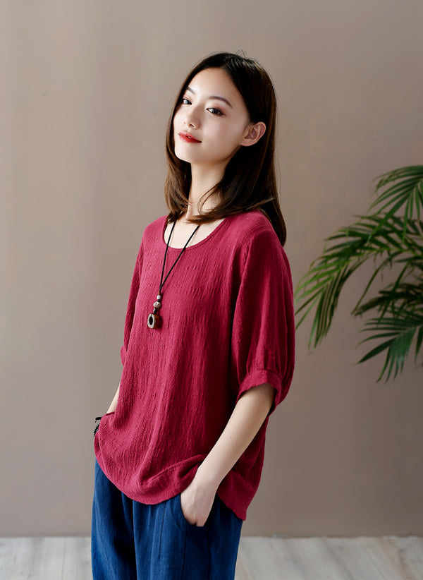 Women Casual Loose Style Wrinkled Linen and Cotton Round Necked T-shirt