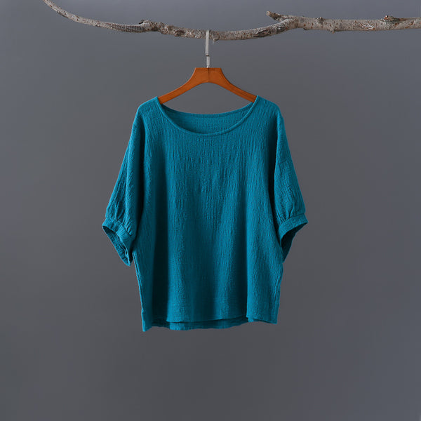 Women Casual Loose Style Wrinkled Linen and Cotton Round Necked T-shirt