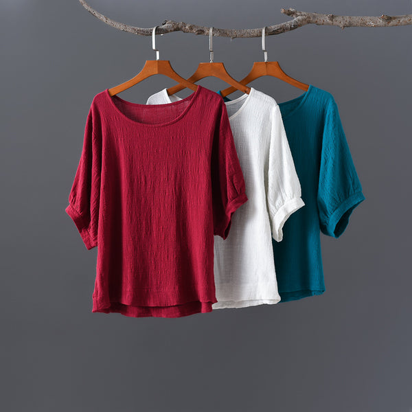 Women Casual Loose Style Wrinkled Linen and Cotton Round Necked T-shirt