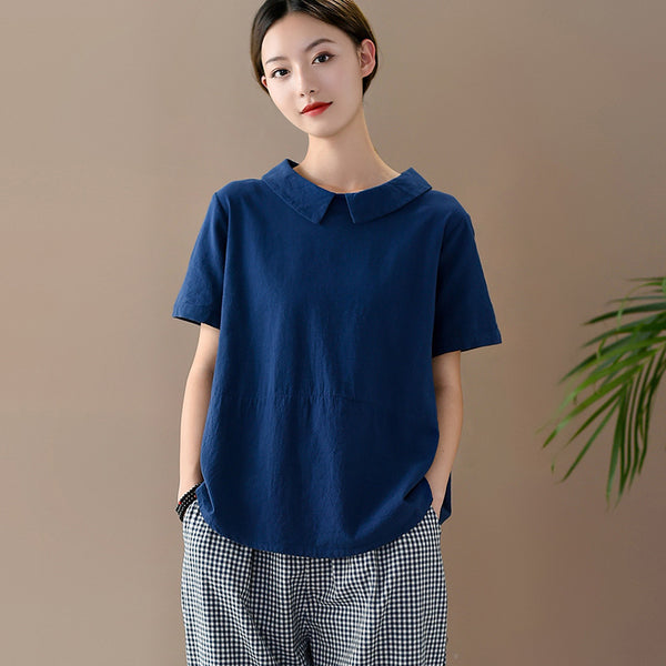 Women Retro Style Back Buckle Linen and Cotton Round Neck T-shirt