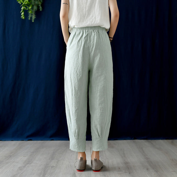 Women Simple Casual Style Linen and Cotton Lantern Cropped Pants