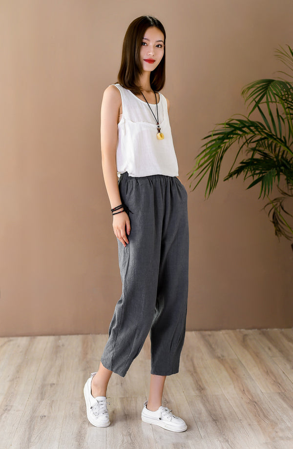 Women Simple Casual Style Linen and Cotton Lantern Cropped Pants
