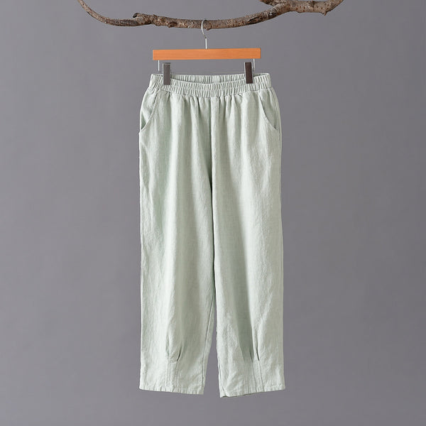 Women Simple Casual Style Linen and Cotton Lantern Cropped Pants