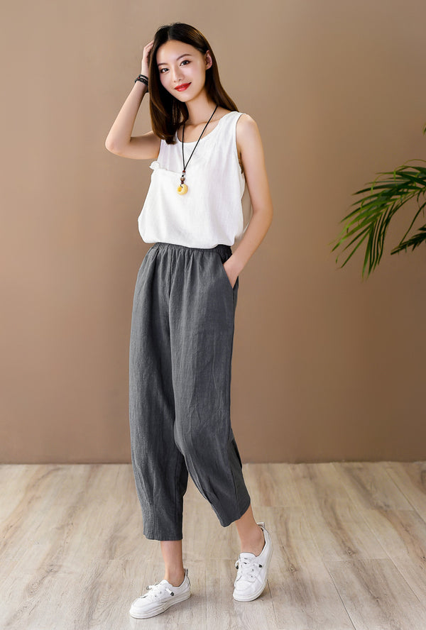 Women Simple Casual Style Linen and Cotton Lantern Cropped Pants