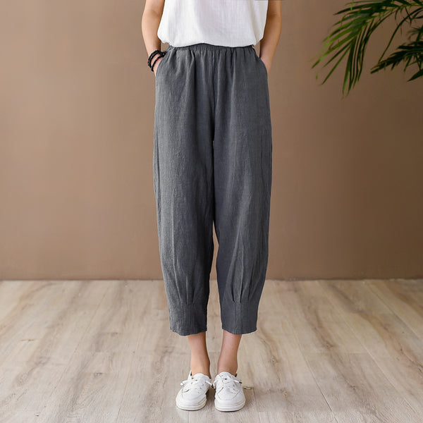 Women Simple Casual Style Linen and Cotton Lantern Cropped Pants