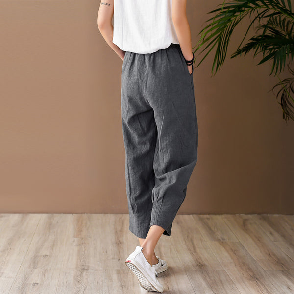 Women Simple Casual Style Linen and Cotton Lantern Cropped Pants