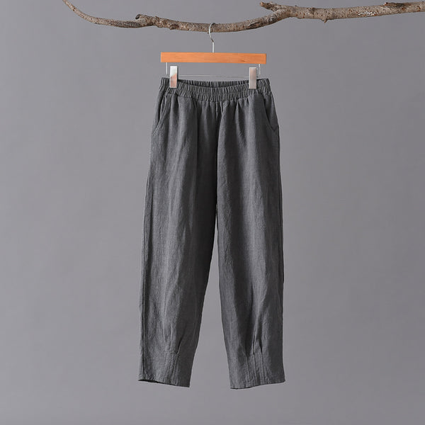 Women Simple Casual Style Linen and Cotton Lantern Cropped Pants