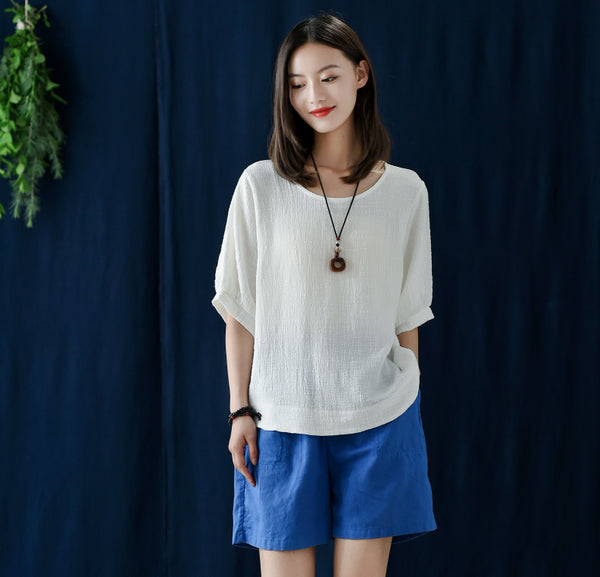 Women Simple Style Linen and Cotton Shorts