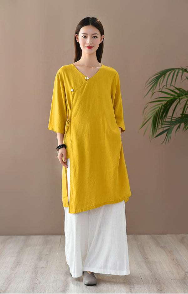 Women Retro Zen Style Right Buckle Linen and Cotton Tunic