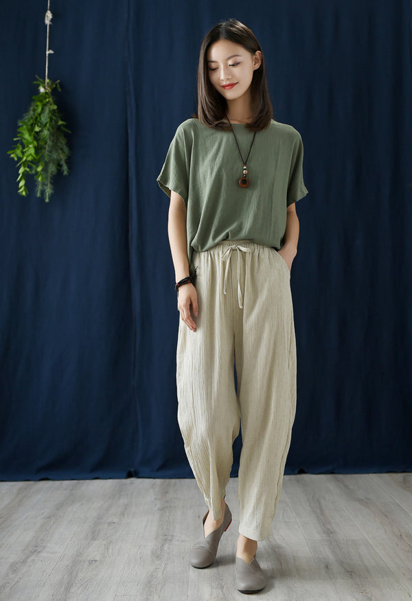 Women Retro Style Wrinkled Linen and Cotton Cropped Pants