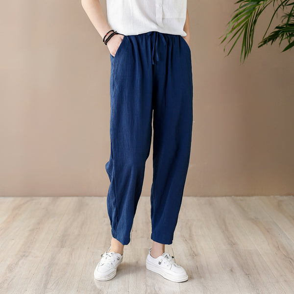 Women Retro Style Wrinkled Linen and Cotton Cropped Pants
