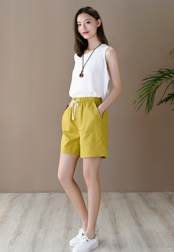 Women Simple Style Linen and Cotton Shorts