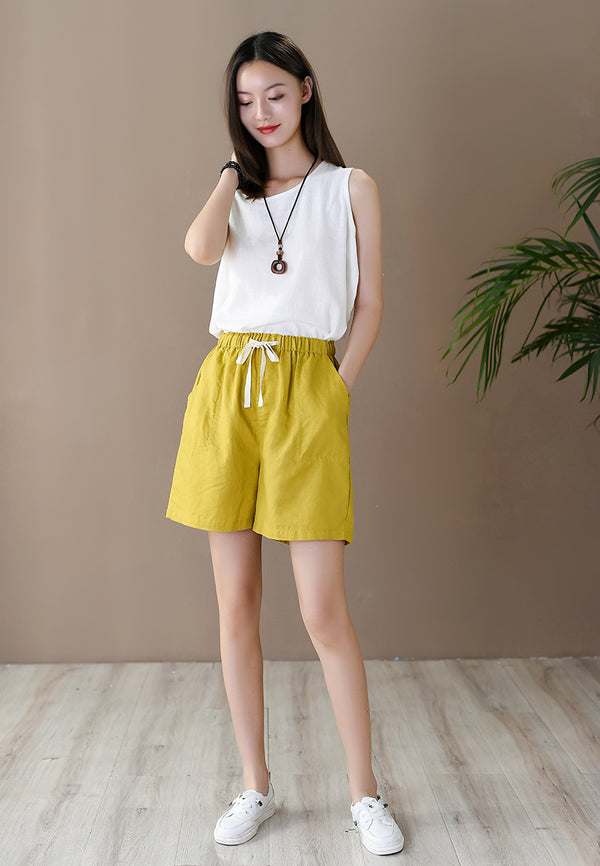Women Simple Style Linen and Cotton Shorts