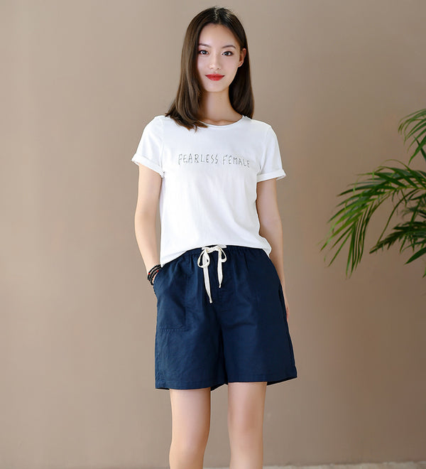 Women Simple Style Linen and Cotton Shorts