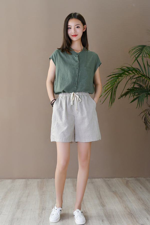 Women Simple Style Linen and Cotton Shorts