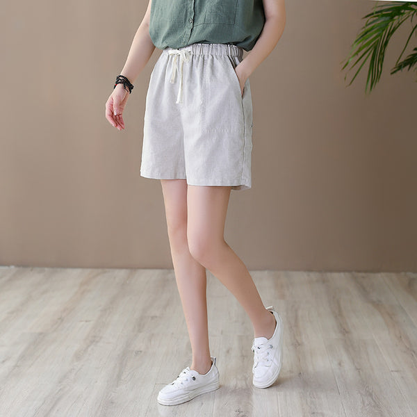 Women Simple Style Linen and Cotton Shorts