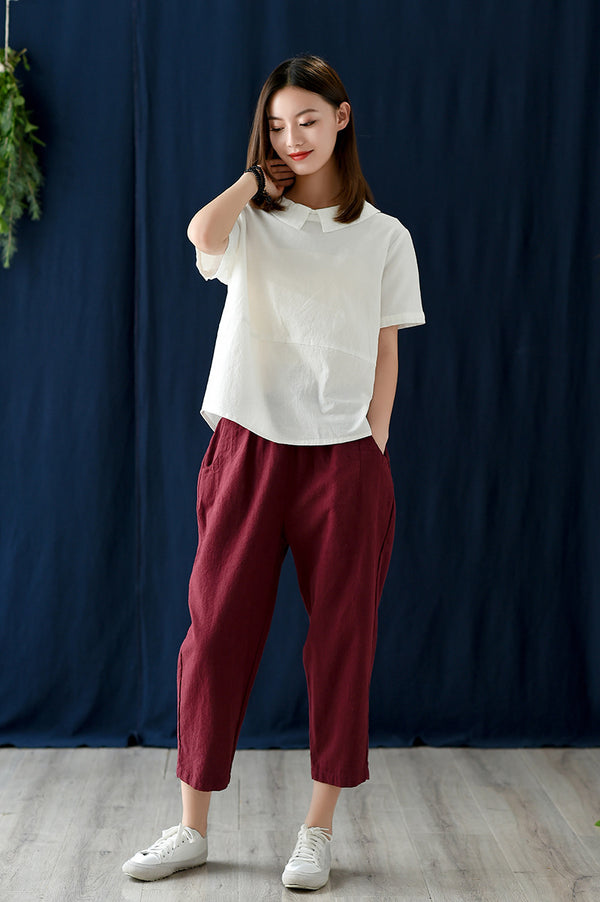 Women Retro Style Back Buckle Linen and Cotton Round Neck T-shirt