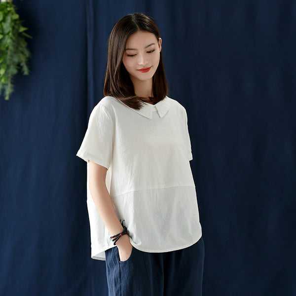 Women Retro Style Back Buckle Linen and Cotton Round Neck T-shirt