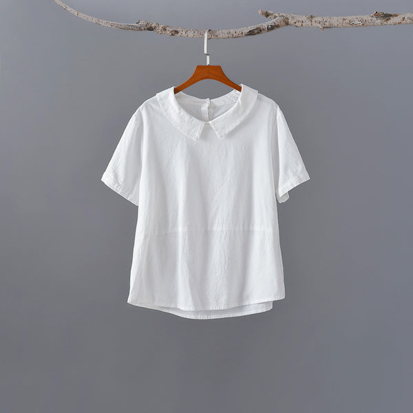 Women Retro Style Back Buckle Linen and Cotton Round Neck T-shirt