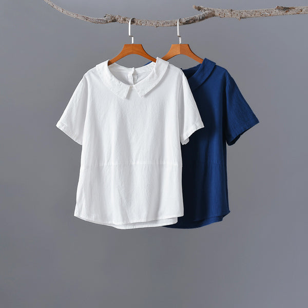 Women Retro Style Back Buckle Linen and Cotton Round Neck T-shirt