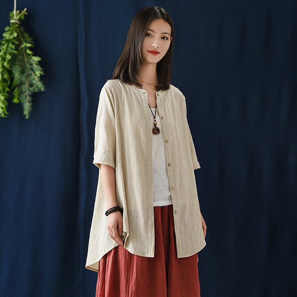 Women Casual Loose Style Linen and Cotton Round Necked Cardigan