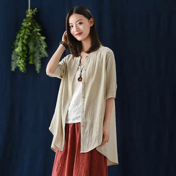 Women Casual Loose Style Linen and Cotton Round Necked Cardigan