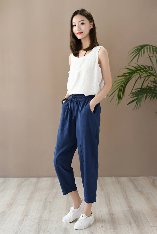Women Casual Style Wrinkled Linen and Cotton Lantern Capri Pants