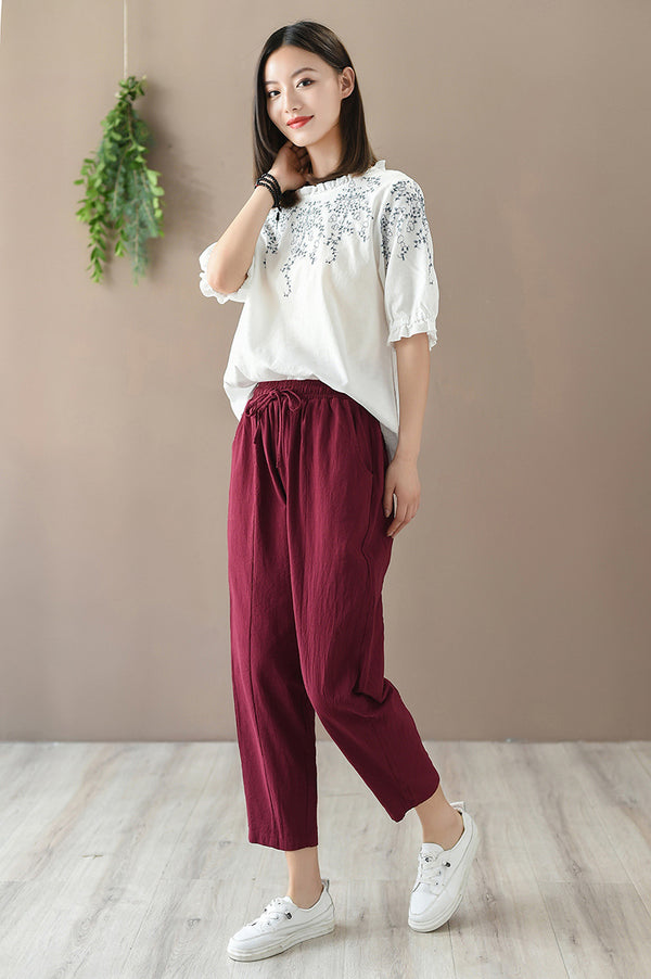 Women Casual Style Wrinkled Linen and Cotton Lantern Capri Pants