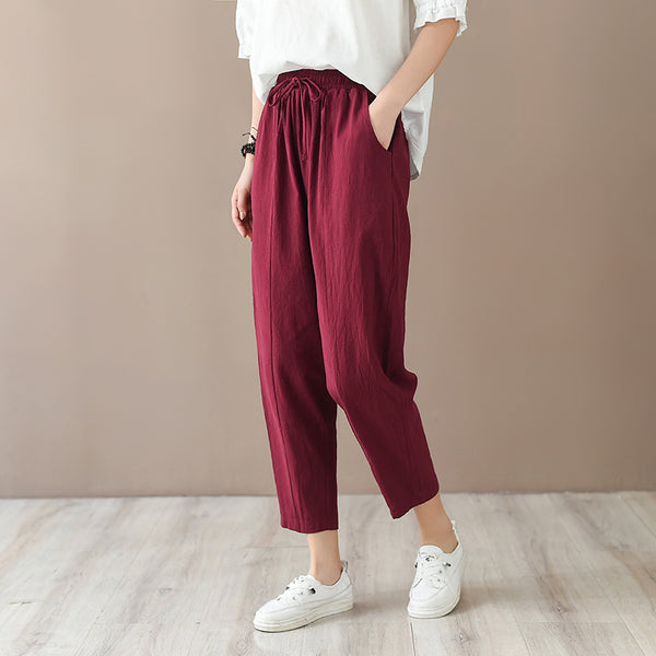 Women Casual Style Wrinkled Linen and Cotton Lantern Capri Pants