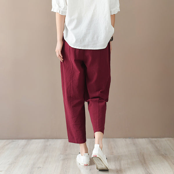 Women Casual Style Wrinkled Linen and Cotton Lantern Capri Pants