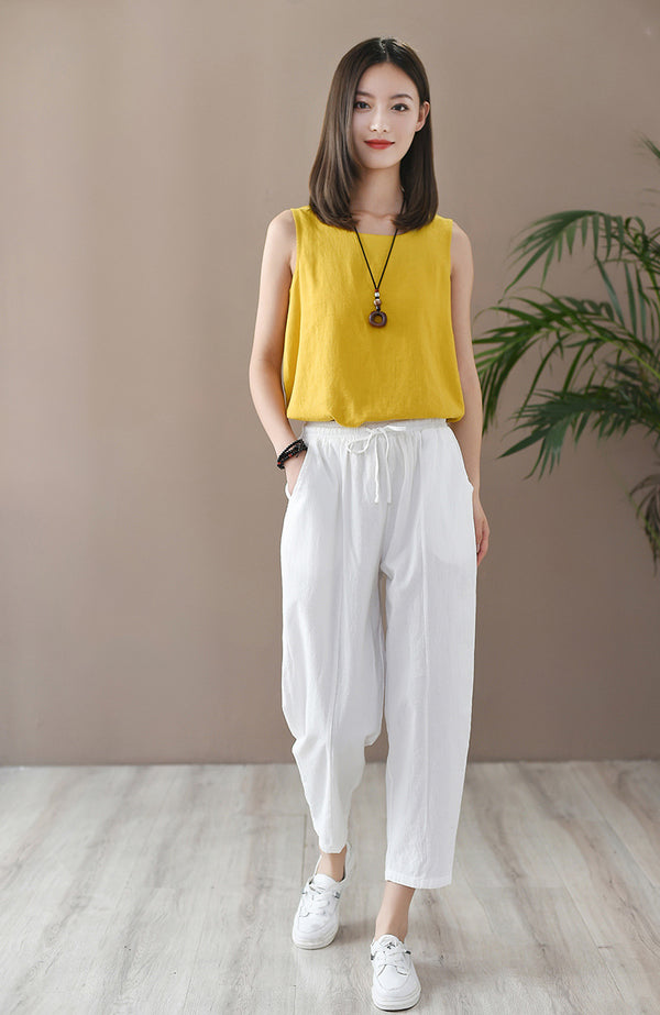 Women Casual Style Wrinkled Linen and Cotton Lantern Capri Pants