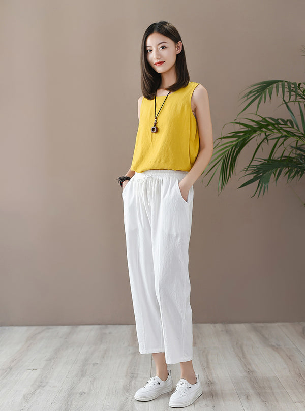 Women Casual Style Wrinkled Linen and Cotton Lantern Capri Pants