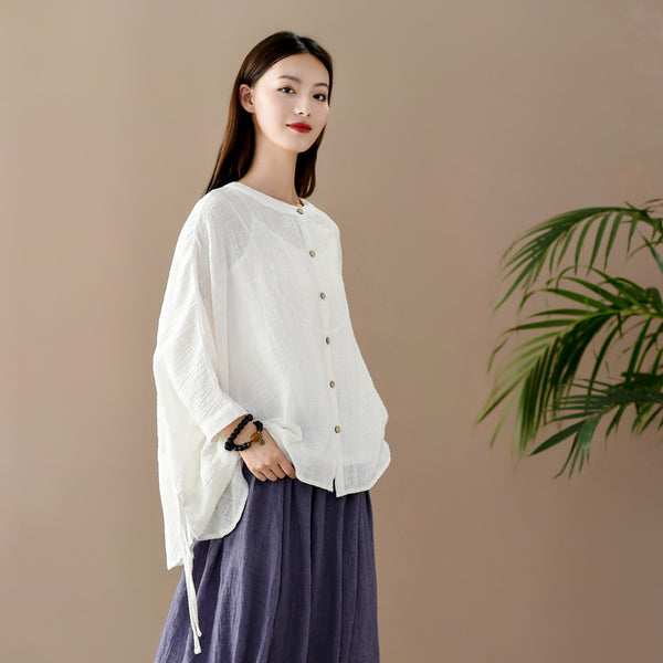 Women Casual Loose Style Wrinkled Linen and Cotton Cardigan