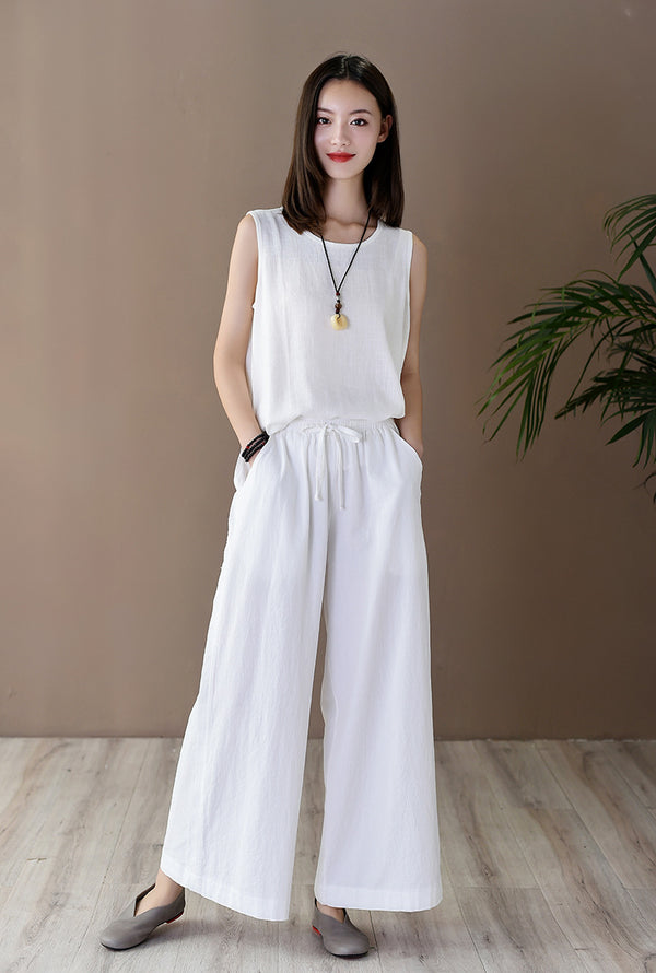 Women Simple Casual Style Linen and Cotton Wide Leg Pants