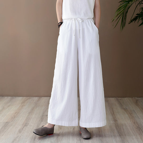 Women Simple Casual Style Linen and Cotton Wide Leg Pants