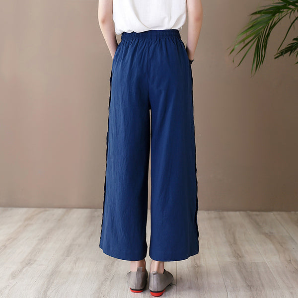 Women Simple Casual Style Linen and Cotton Wide Leg Pants